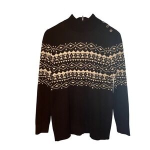 Calvin Klein Womens Size M Black Fair Isle Mock Neck Button Detail Sweater